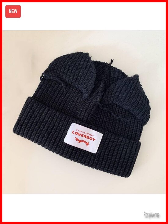 Unisex Knitted Bunny Ear Beanie Cute Slouchy Hat Winter Warm Y2K Skull Cap main image 5